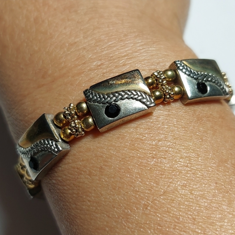 Vintage Black Gold Silver Triple Tone Stretch Bracelet